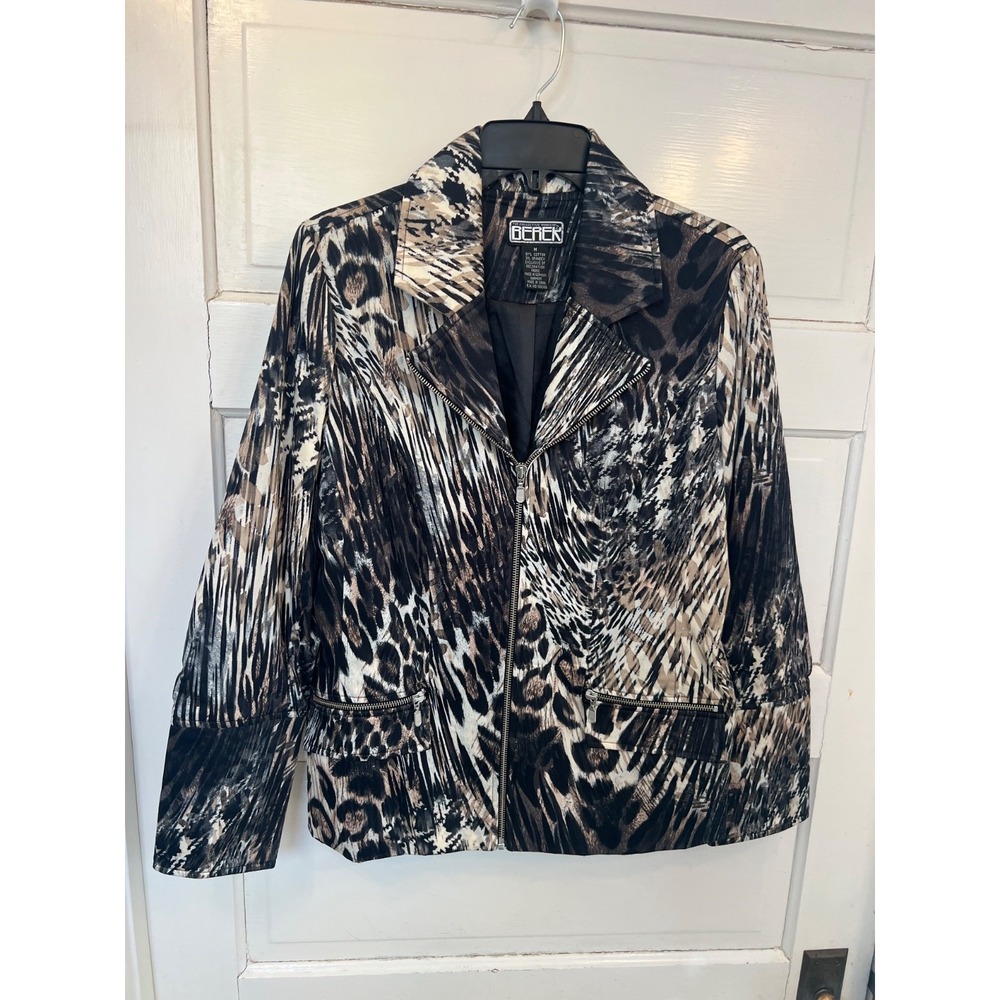 Berek 2 Jacket Womens Medium Black Brown Animal Print Zip Front Retro 90s Style